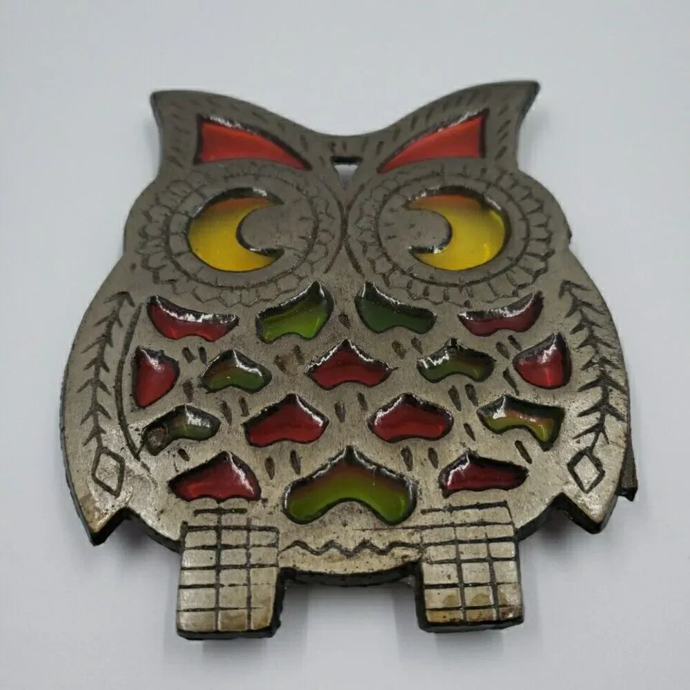 Vtg OWL Trivet Cast Metal Stained Glass Hot Plate Kitchen Kitsch Pot Rest Taiwan